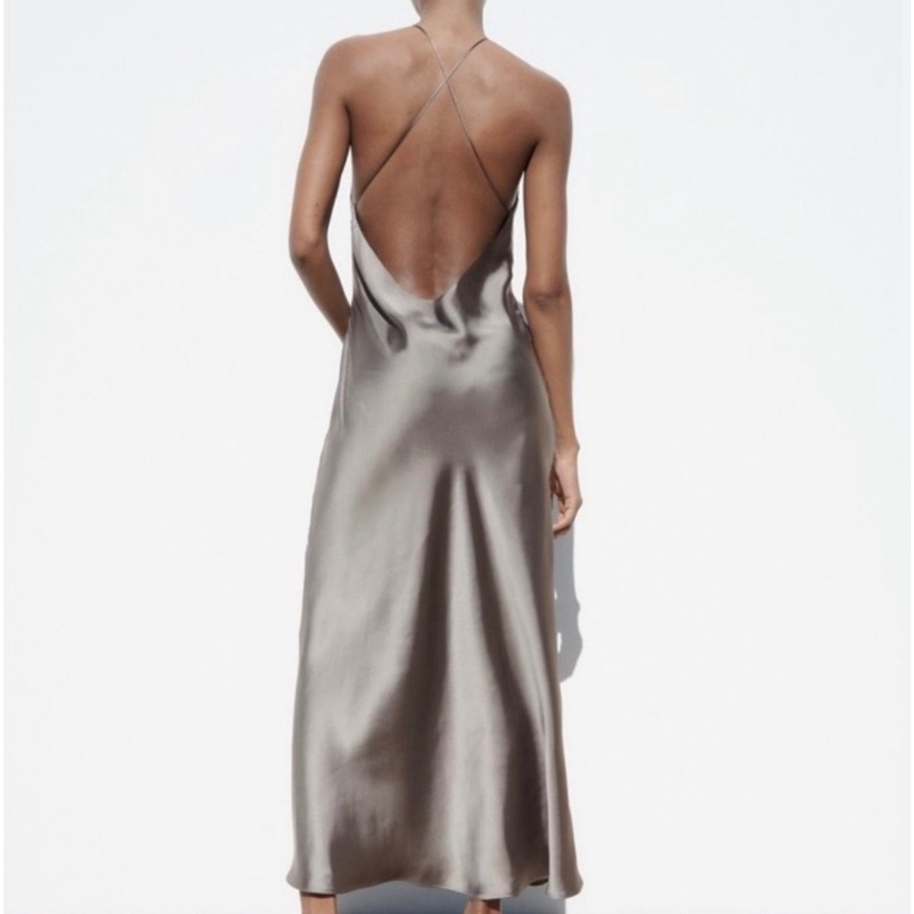 ZARA Grey Satin Halter Neck Open Back Maxi Dress XS 2916/331 NWT - Picture 3 of 16